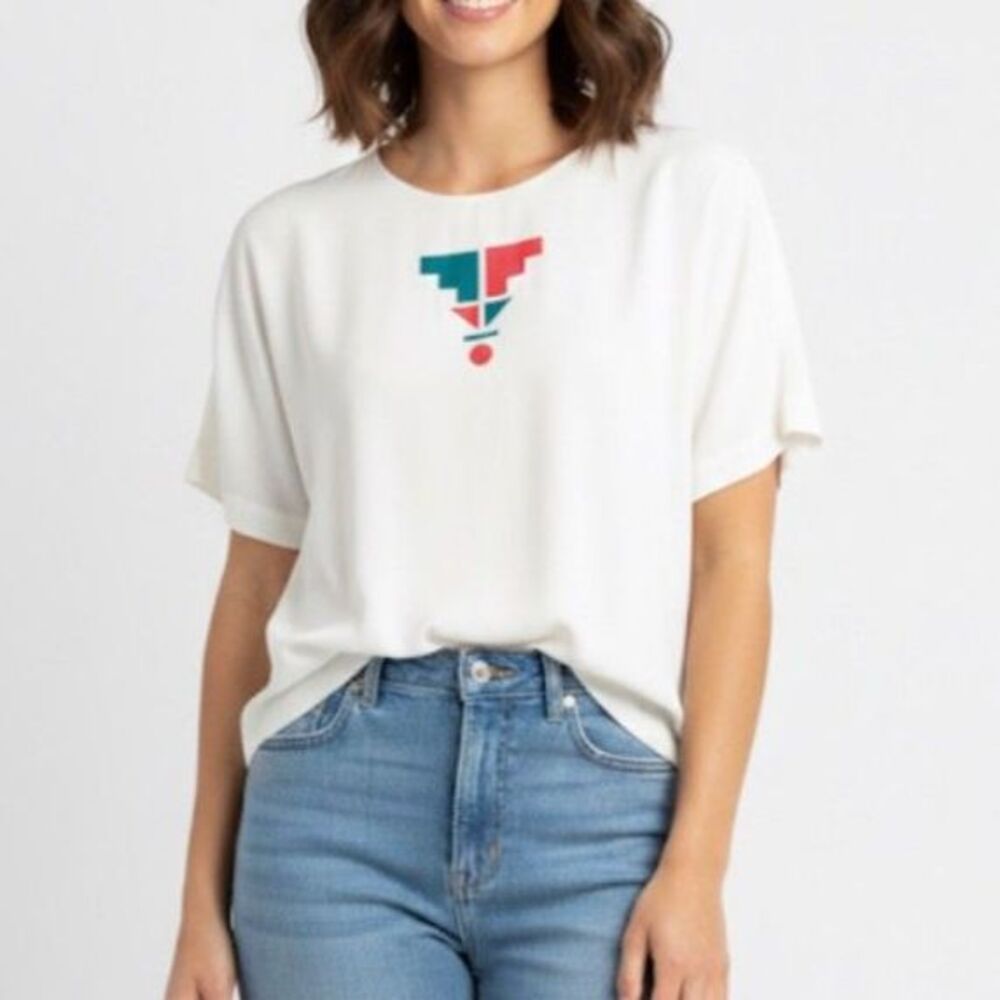 Blossom Rosen White CoralTeal Aztec Design Button Back SS Vintage 80s Top Sz 10